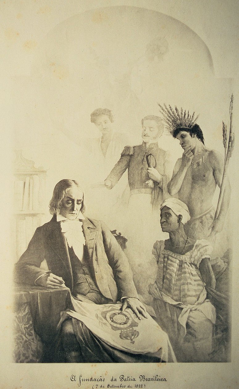 A brazil ország alapítója, 1822. szeptember 7. – A három fajt képviselő allegória: az afrikai rabszolga, a portugál és a bennszülött indián Jose Bonifacio (1763-1838) és I. Pedro (1793-1834) társaságában. alkotó: School Brazilian