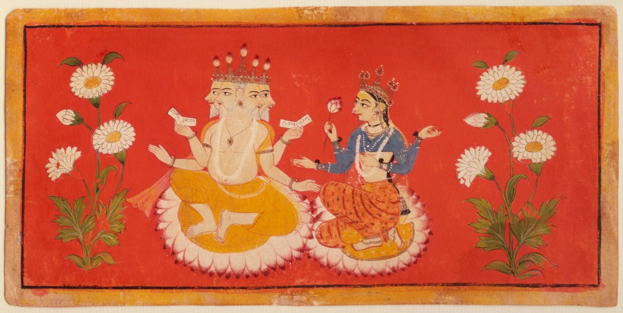 Brahma ül Saraswati Brahmával, aki a Négy Védát tartja, és Saraswai lótuszszirmot szorongat, 1650 körül (gouache) alkotó: School Bundi