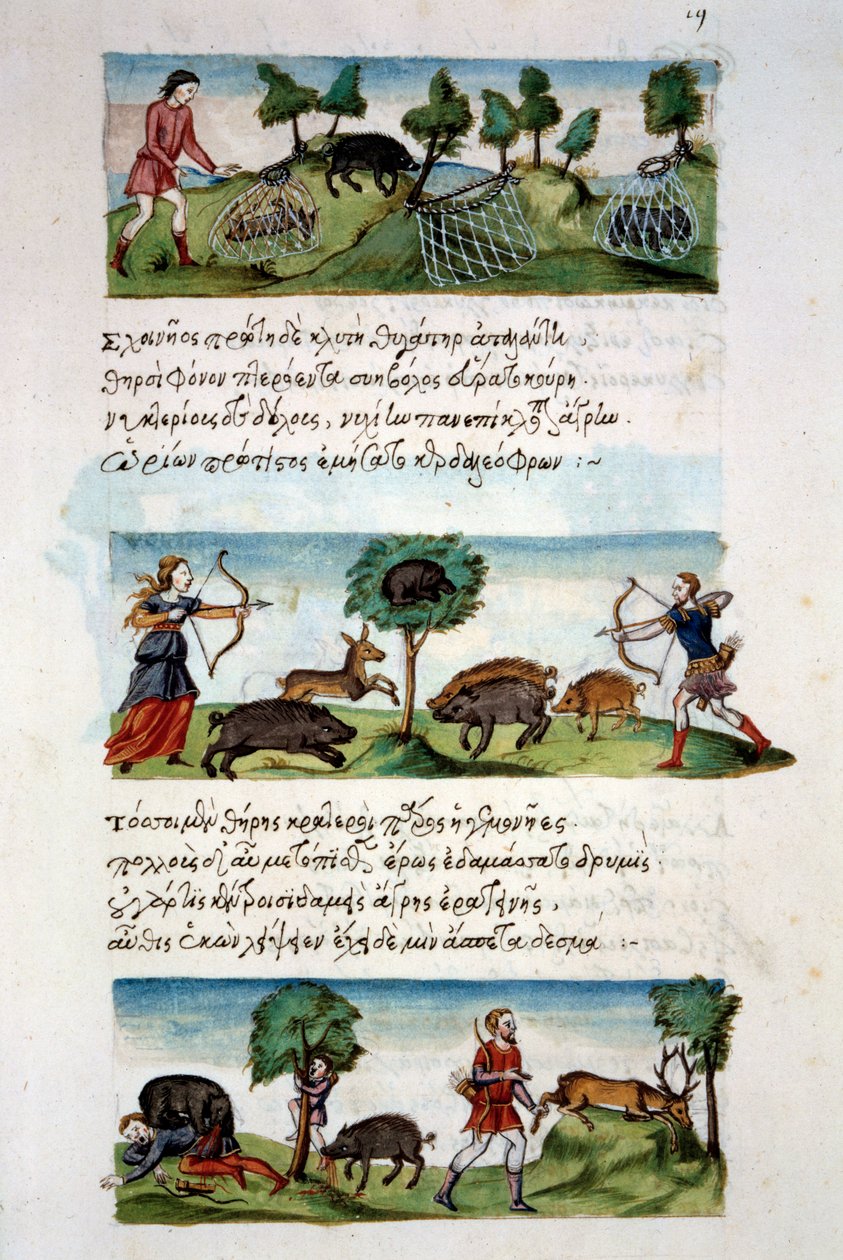 Art Byzantium: vaddisznóvadászat. Különböző vadászati technikák. Felül: cékla befogása hálóba. Középen íjvadászat. Alul: a vadászok állatok támadják meg. Miniatűr a „De venatione”” 19. fólióban, a szíriai Oppiantól alkotó: School Byzantine