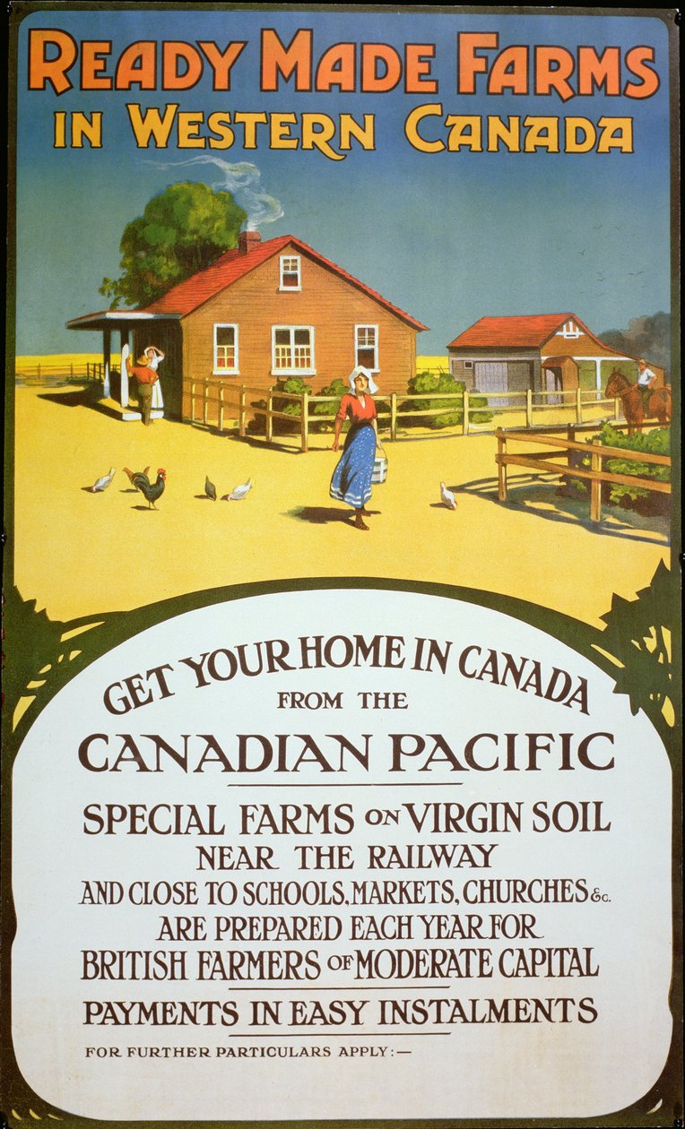 „Kész farmok Nyugat-Kanadában” reklámplakát, 1900 körül (színes litho) alkotó: School Canadian