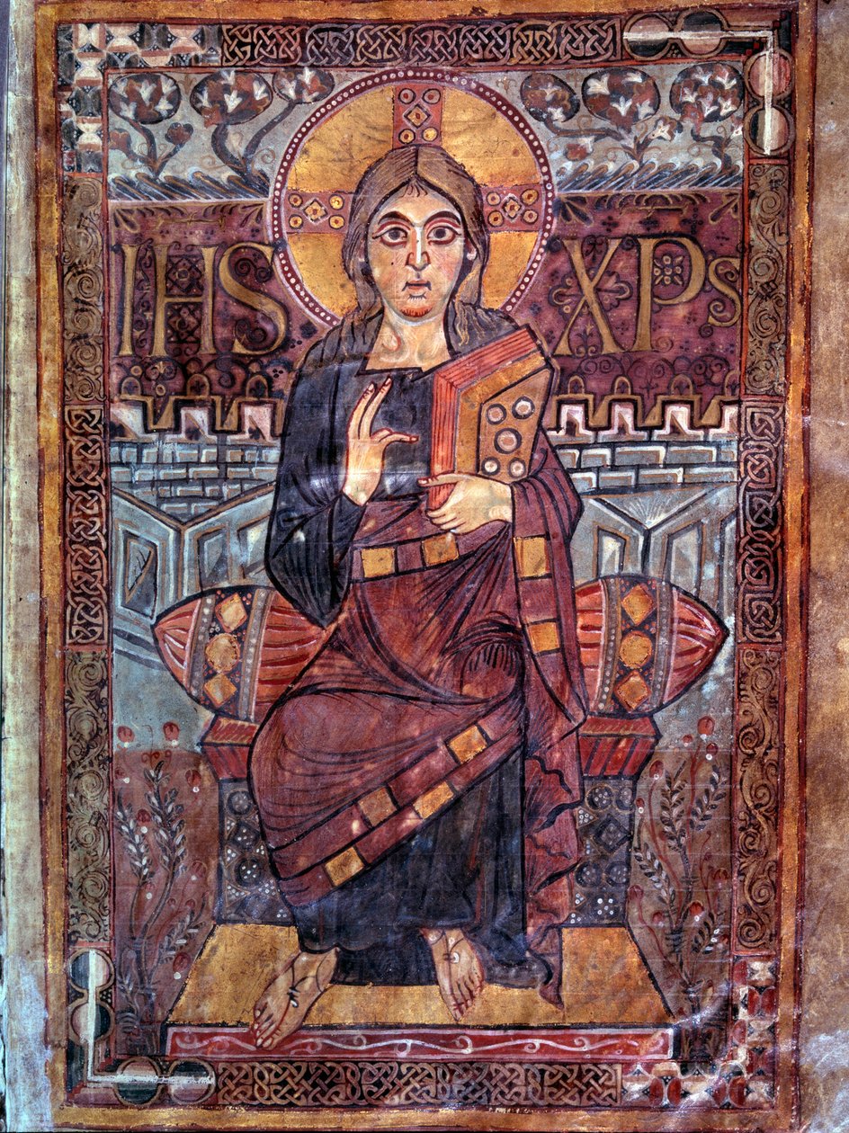 Karoling művészet: Krisztus a fenségben (a dicsőségben). Miniatűr az „Evangeliaire de Godescalc, Ecole du Palais de Charlemagne” (3. fólió) kéziratból, Godescalc másolata Saint-Sernin de Toulouse kincstárából, Bibliotheque du Louvre, 781-783. BN, Párizs alkotó: School Carolingian