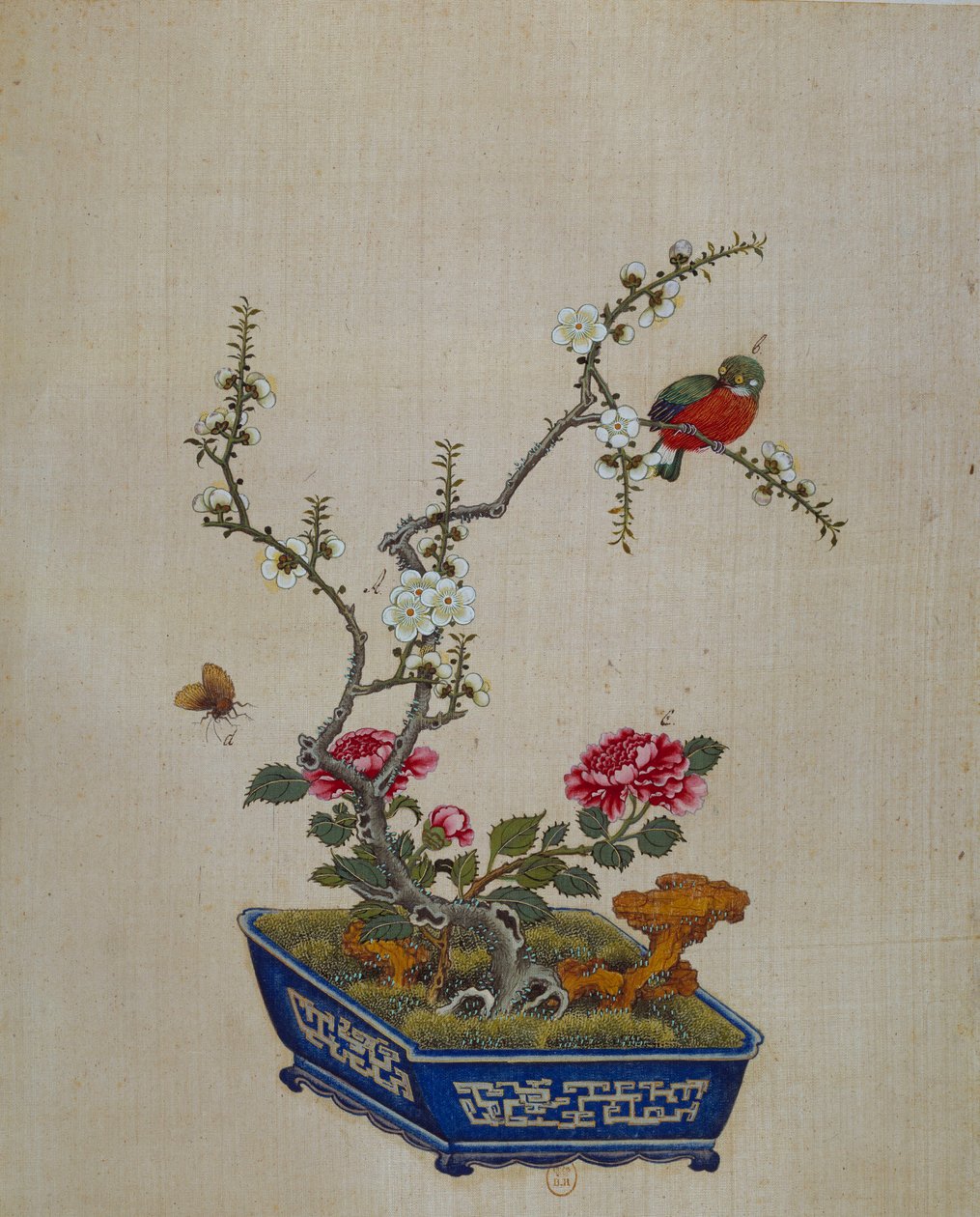 Kínai művészet: virágok és madarak (bonzai). 18. századi selyemfestés. Paris, B.N. alkotó: School Chinese