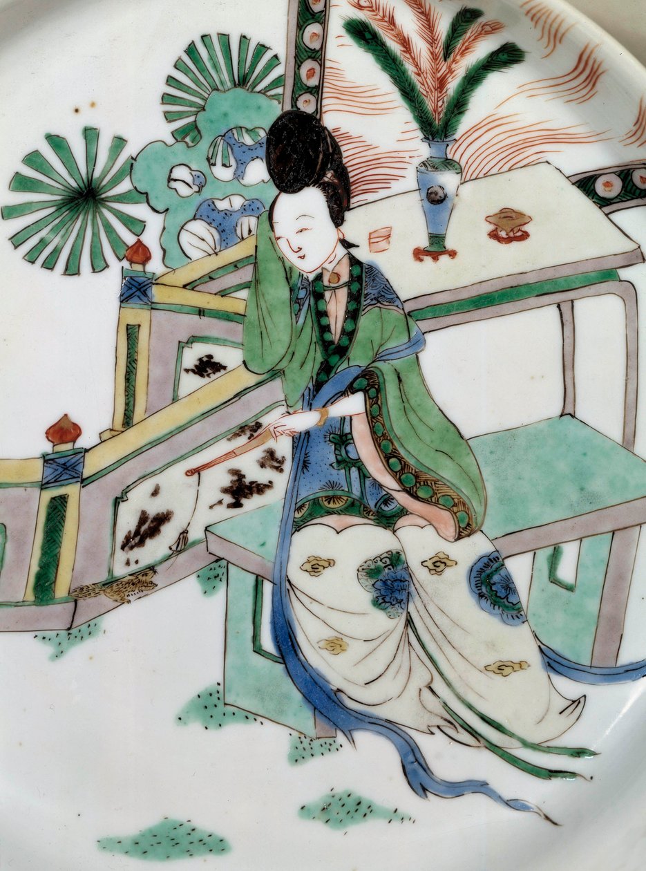 Kínai művészet: a hölgy egy padon rever. 18. századi porcelánfestmény. Párizs, Guimet Múzeum, Ázsiai Művészeti Nemzeti Múzeum alkotó: School Chinese