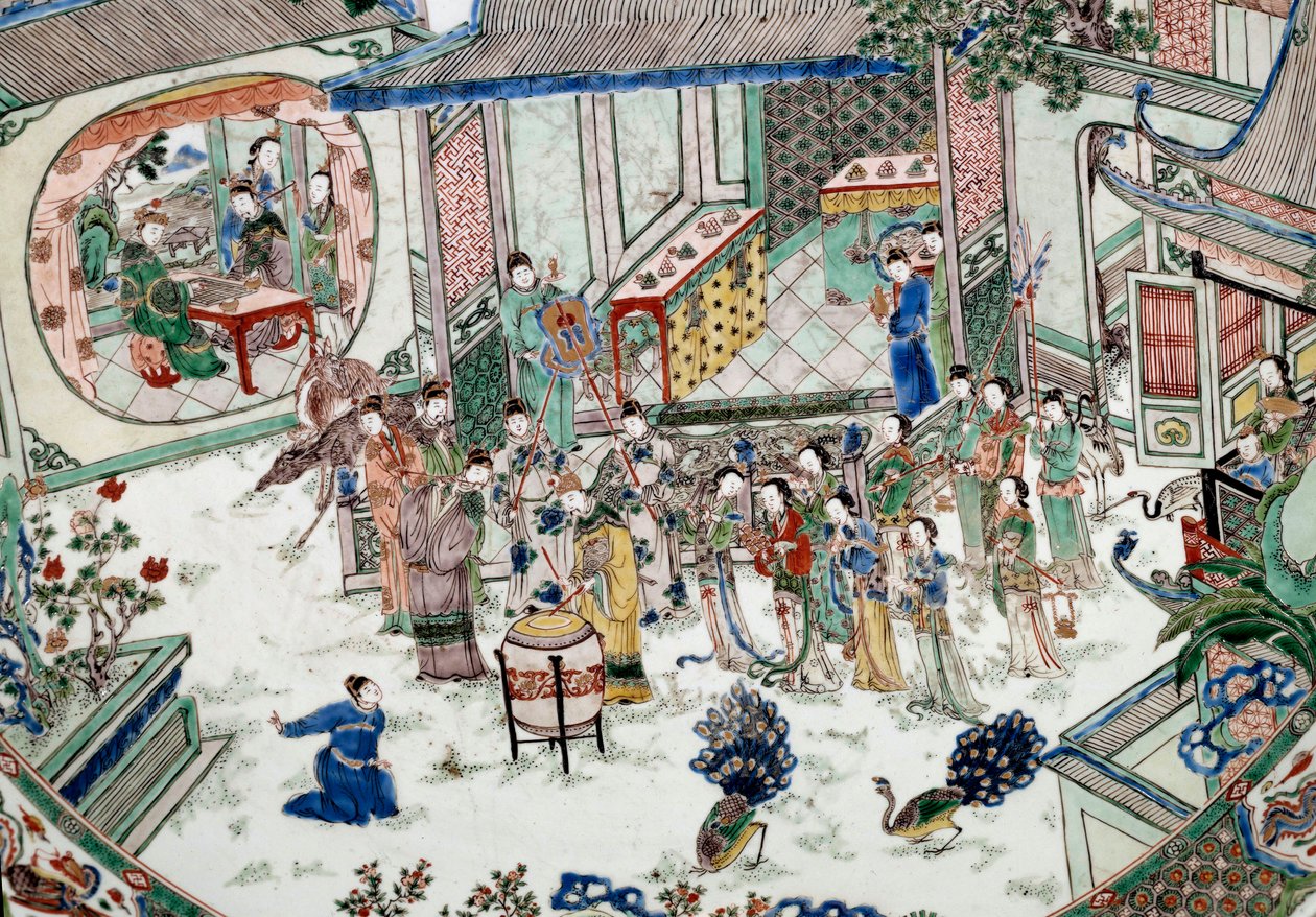 Kínai művészet: hagyományos parti koncerttel. Porcelán festmény. 18. század. Párizs, Guimet Múzeum, Ázsiai Művészeti Nemzeti Múzeum alkotó: School Chinese