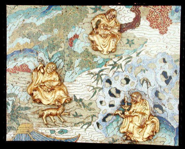 Részlet egy buddhista figurákat tájképben ábrázoló tábla párból, Qianlong-korszak alkotó: School Chinese
