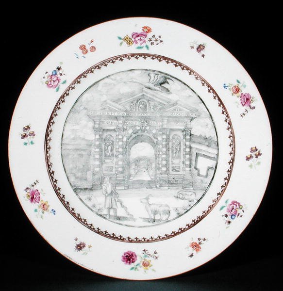 Vacsoratál díszített en grisaille Rose Famille zománcokkal, Jacob Bobart (1599-1680) kecskével és kutyával, Qianlong időszak (1736-95) (porcelán) alkotó: School Chinese