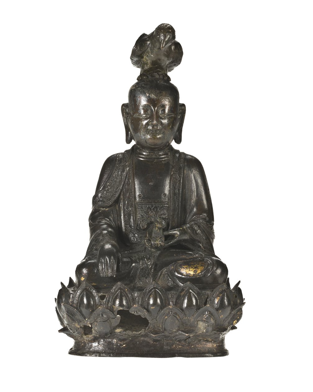 Guanyin, az irgalom kínai istennőjének figurája egy lótuszmintás alapon ülő hollóval a fején, bal kezében pedig egy nyúllal. alkotó: School Chinese