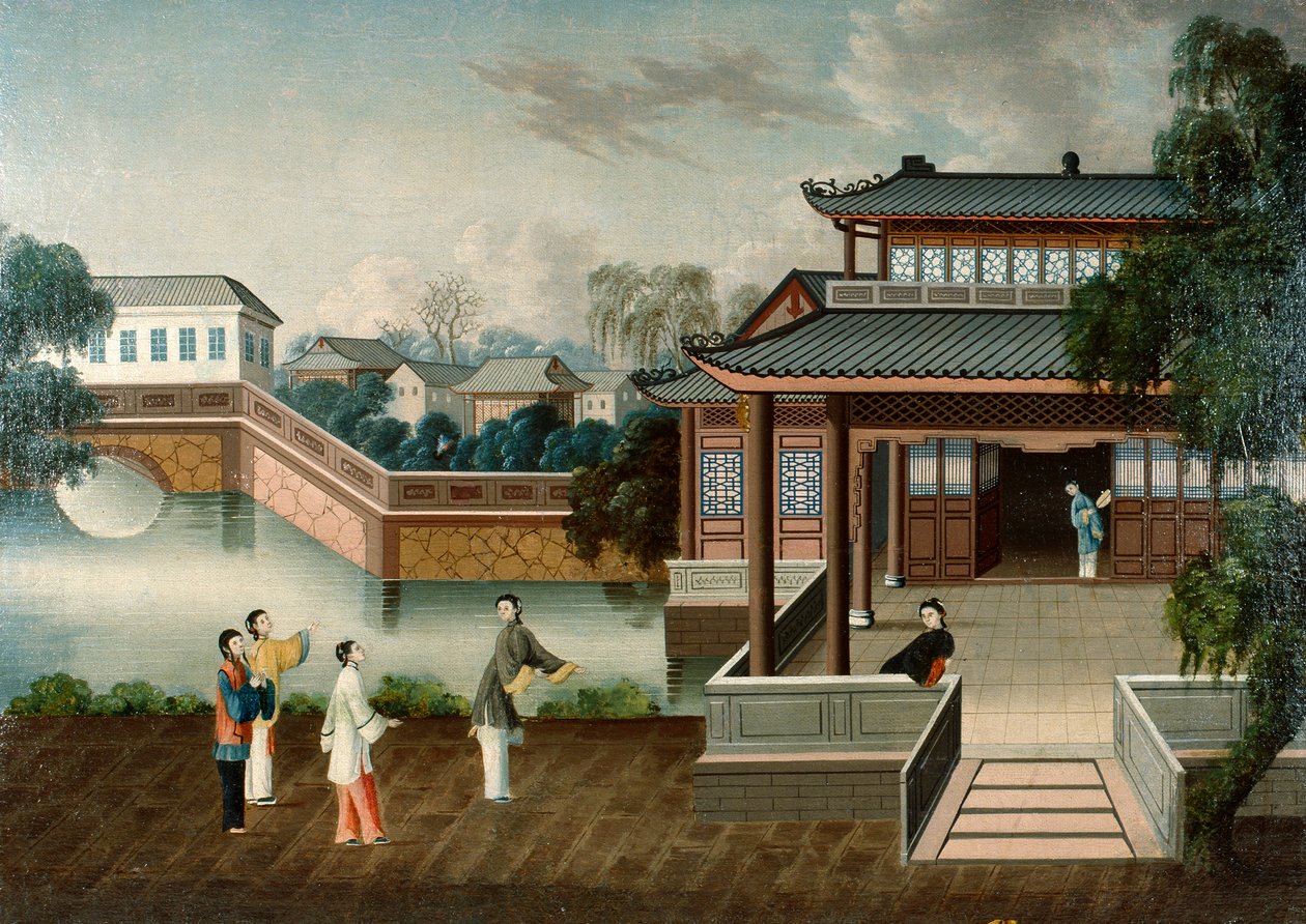 Egy folyóparti kúria felé közeledő alakok, 1800 körül (olaj, vászon) alkotó: School Chinese