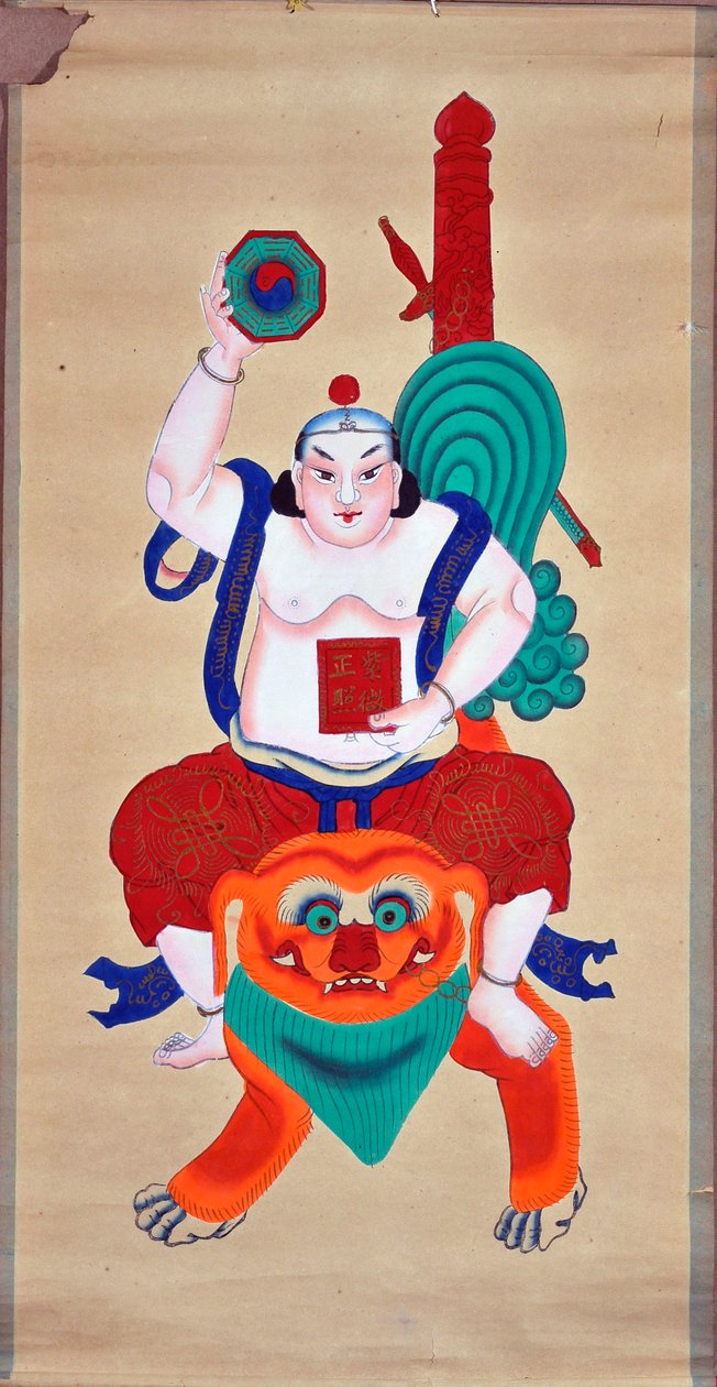 Isten az oroszlánon - kínai tekercs, tus és festmény (112x57 cm), 1900 és 1950 között - Musee de l