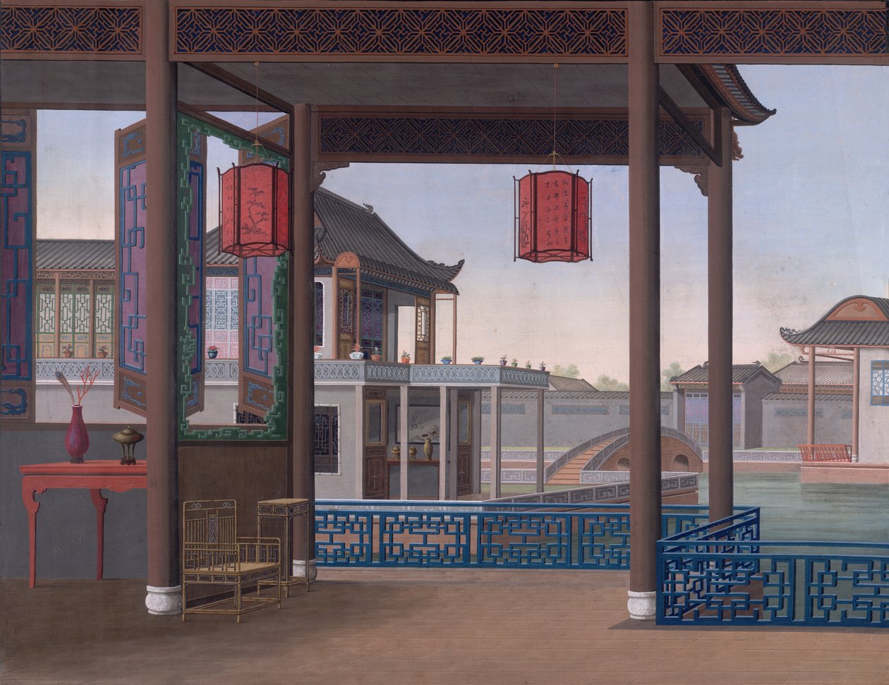 Egy kínai tisztviselő háza, 1800-2005 körül (átlátszatlan akvarell papíron) alkotó: School Chinese
