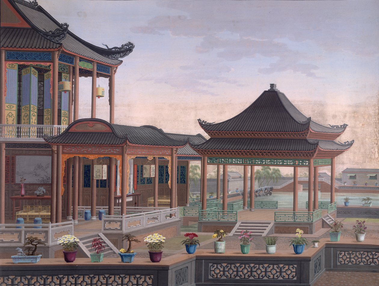 Egy kínai tisztviselő háza, 1800-2005 körül (átlátszatlan akvarell papíron) alkotó: School Chinese