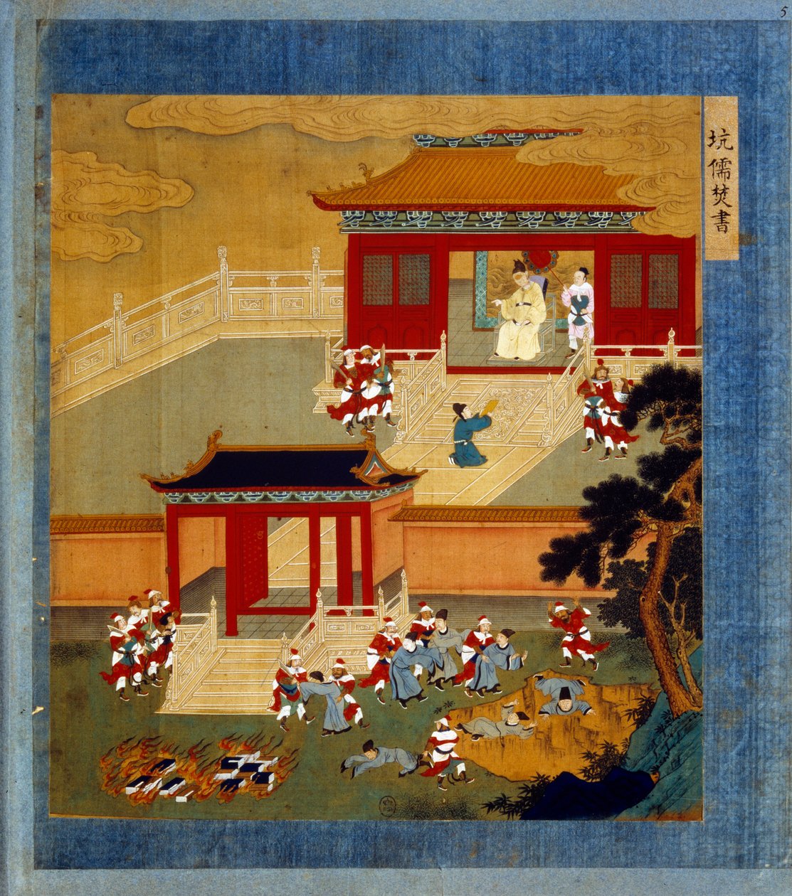 Huang Ti (Huang-Ti di Qin Shi Huangdi is), a Qin-dinasztia alapítója (-260-tól -210-ig) elégette az összes kínai könyvet (autodafe), és gödörbe ejtette az írástudó embereket. Chi-Hoang a Kínát Tartariától elválasztó nagy fal építője. Miniatűr „” alkotó: School Chinese