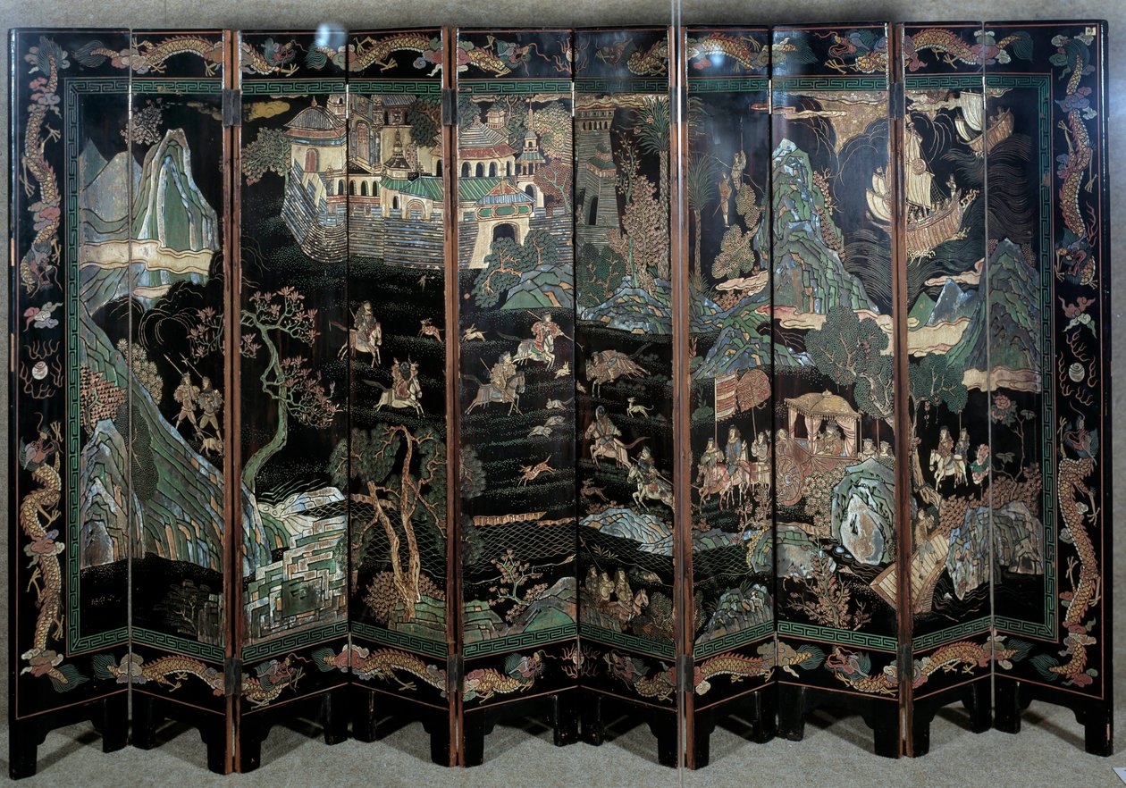 Vadászjelenetek. Art China: faragott lakkozott képernyő alkotó: School Chinese