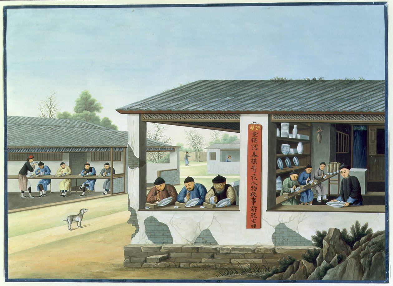 Porcelángyártás, kék színű díszítés (gouache és akvarell, papír) alkotó: School Chinese