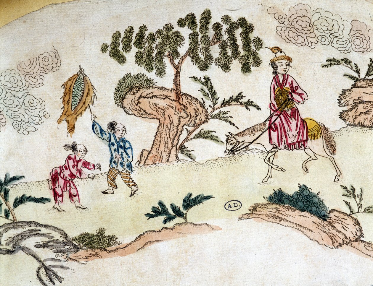 Nemes nő lóháton és sárkányrepülő gyerekek – kínai nyomat, 1800 körül alkotó: School Chinese