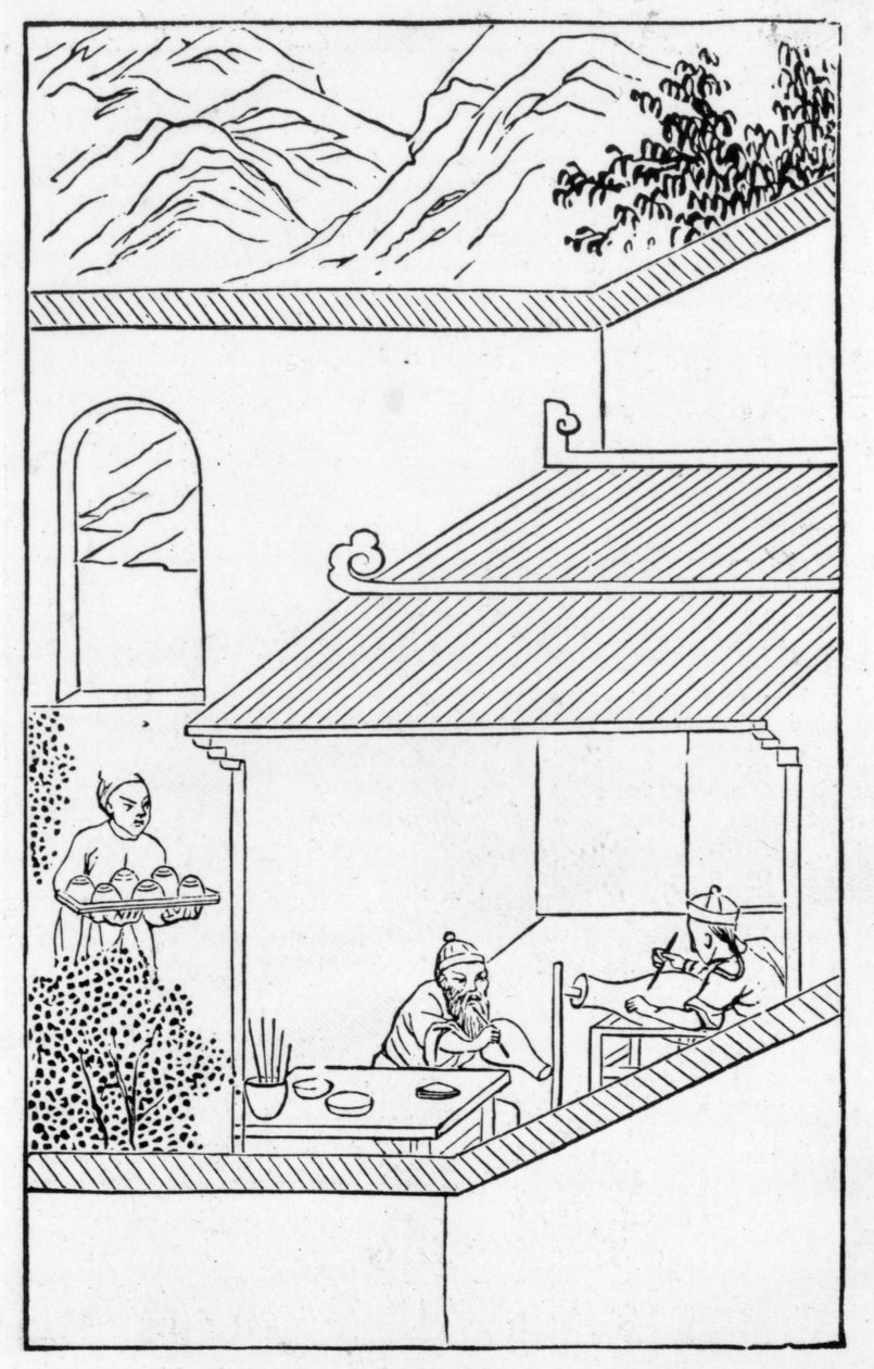 Kék virágok festése vázákra, a porcelán (litho) gyártásával foglalkozó illusztrációk sorozatából (a teljes sorozatot lásd: 384116 és 384117) alkotó: School Chinese