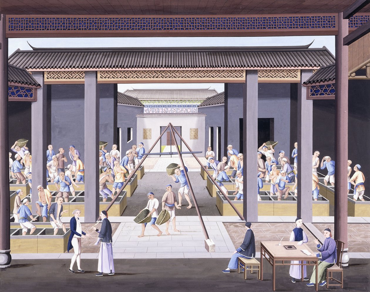 Pounding the Tea, 1800 körül (gouache rajzok nehéz natív papíron) alkotó: School Chinese