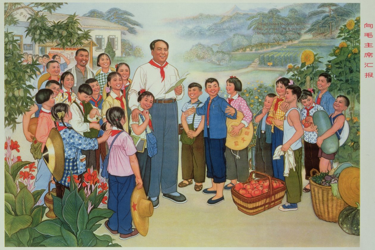 "Jelentjük a termésünket Mao elnöknek", propagandaplakát a kínai kulturális forradalom idejéből. alkotó: School Chinese