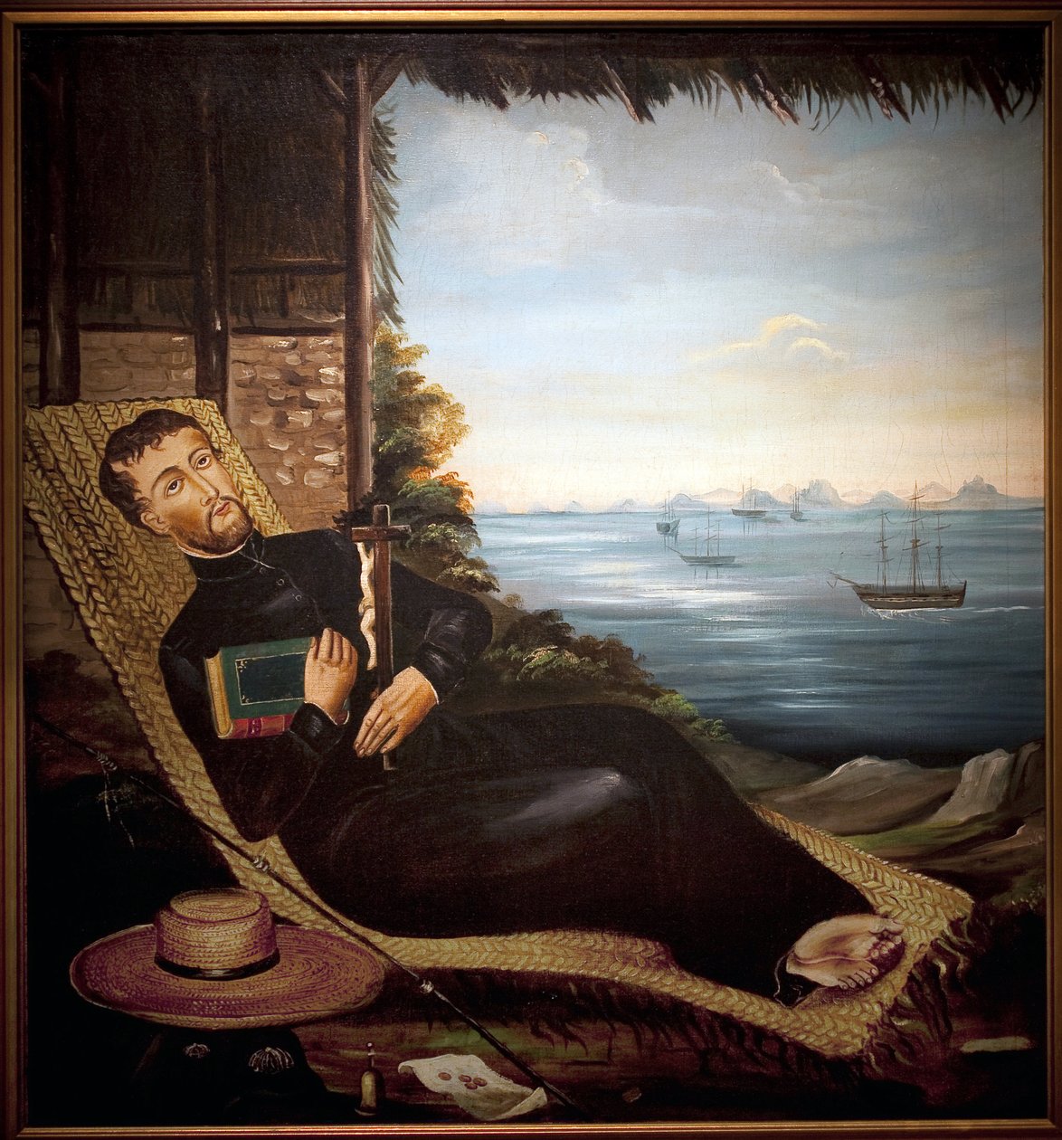 Szent Ferenc Xavér a hongkongi öböl előtt pihen (Kína). A hongkongi műhely festménye, olaj, vászon, 1850 körül. Port Louis Múzeum. alkotó: School Chinese