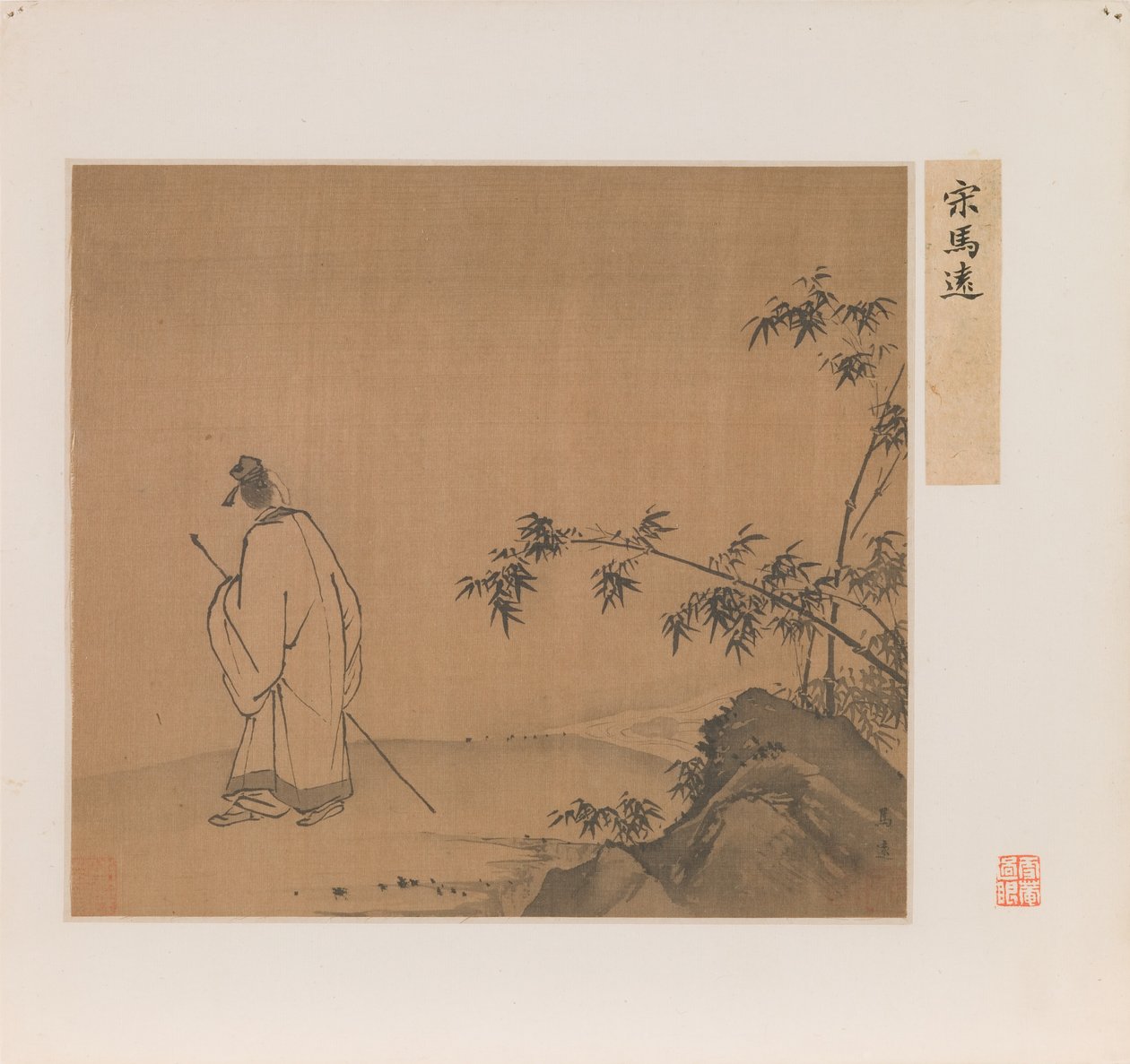 Tájképben botjával sétáló tudós, Qing-dinasztia (tus és szín, selyem) alkotó: School Chinese