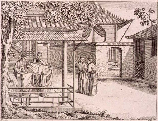 „Selling the Silk after it is Wove”, Kína, 18. század vége (fametszet) alkotó: School Chinese