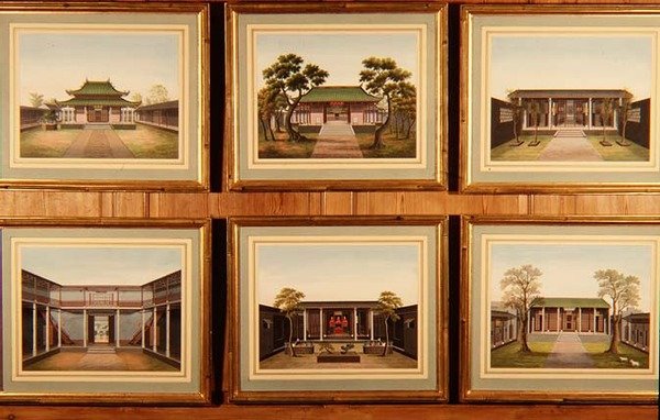 Hat kínai pavilonból és udvari jelenetekből álló készlet, 1780 körül (akvarell) alkotó: School Chinese