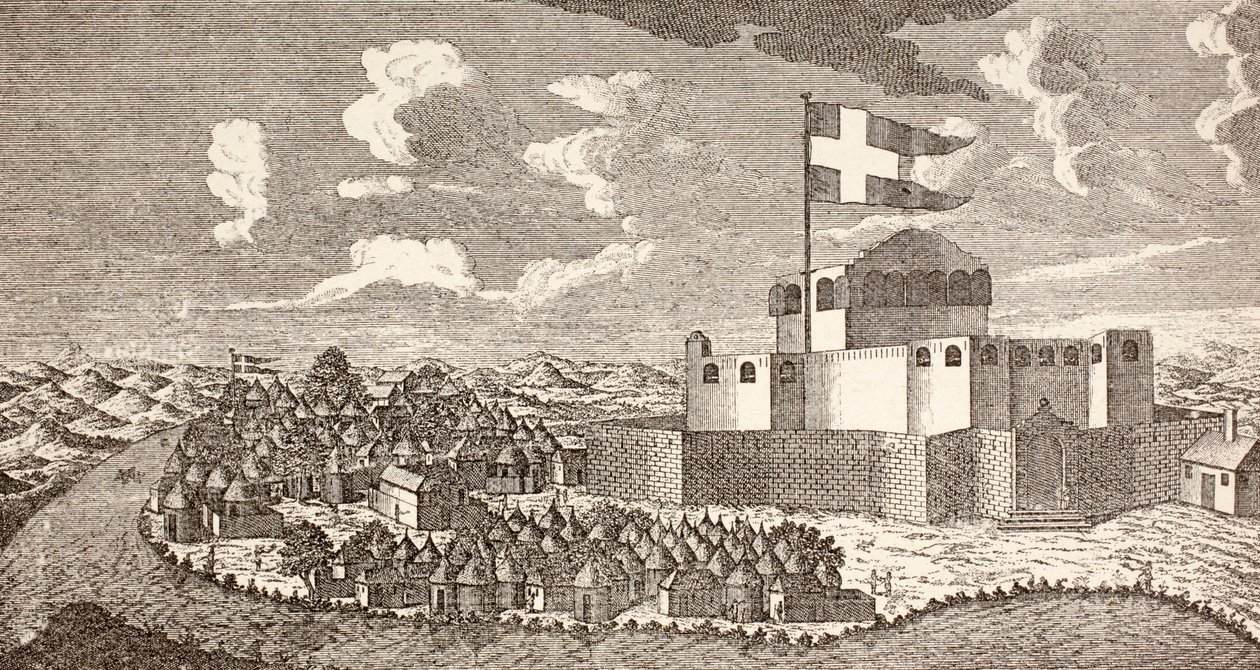 Fredensborg dán gyarmati erőd, Ningo, Ghána, ahogyan 1760-ban volt, az "Afrika, dets Opdagelse, Erobring og Kolonisation" című, 1901-ben Koppenhágában kiadott könyvből (litográfia). alkotó: School Danish
