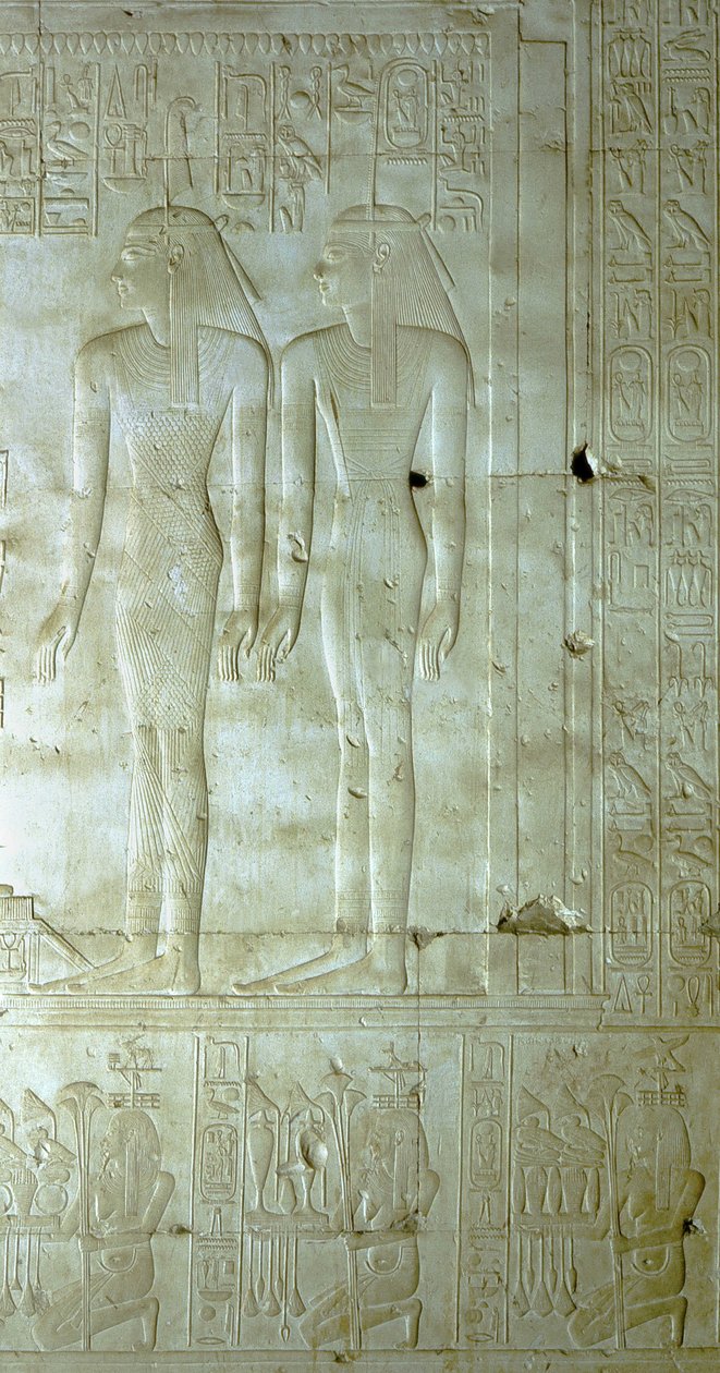 ABYDOS: Seti (Sethi) I. temploma Ozirisz számára. A fáraót kísérő istennők. alkotó: School Egyptian