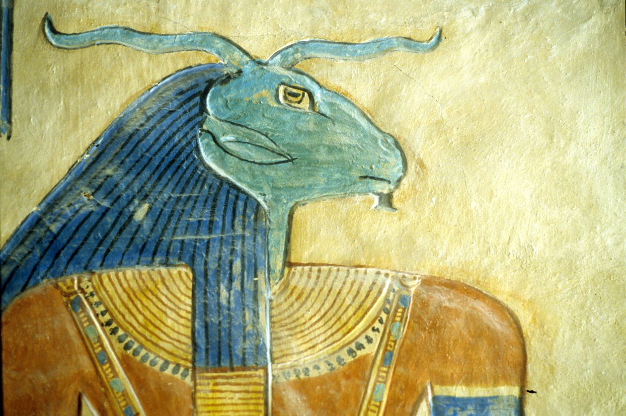 Ókori Egyiptom, Faragás/Festészet, Az alvilág kosfejű istene, Amon hir Khopshet sírja, Théba, 20. din (fotó) alkotó: School Egyptian