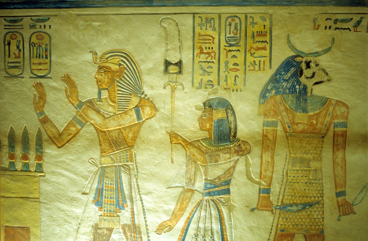 Ókori Egyiptom, festmény/faragás, Amon hir Khopshef sírja, III. Ramszesz és fia, Amon-Hir egy zászlót tartva alkotó: School Egyptian