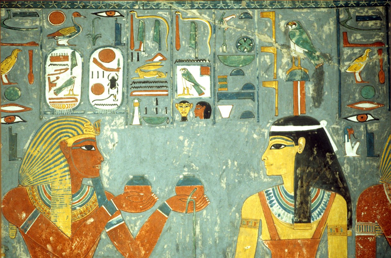 Ókori Egyiptom, festmény, Horemheb kenőcsöket ajánl fel Hathornak, Horemheb sírja, Théba, Théba alkotó: School Egyptian