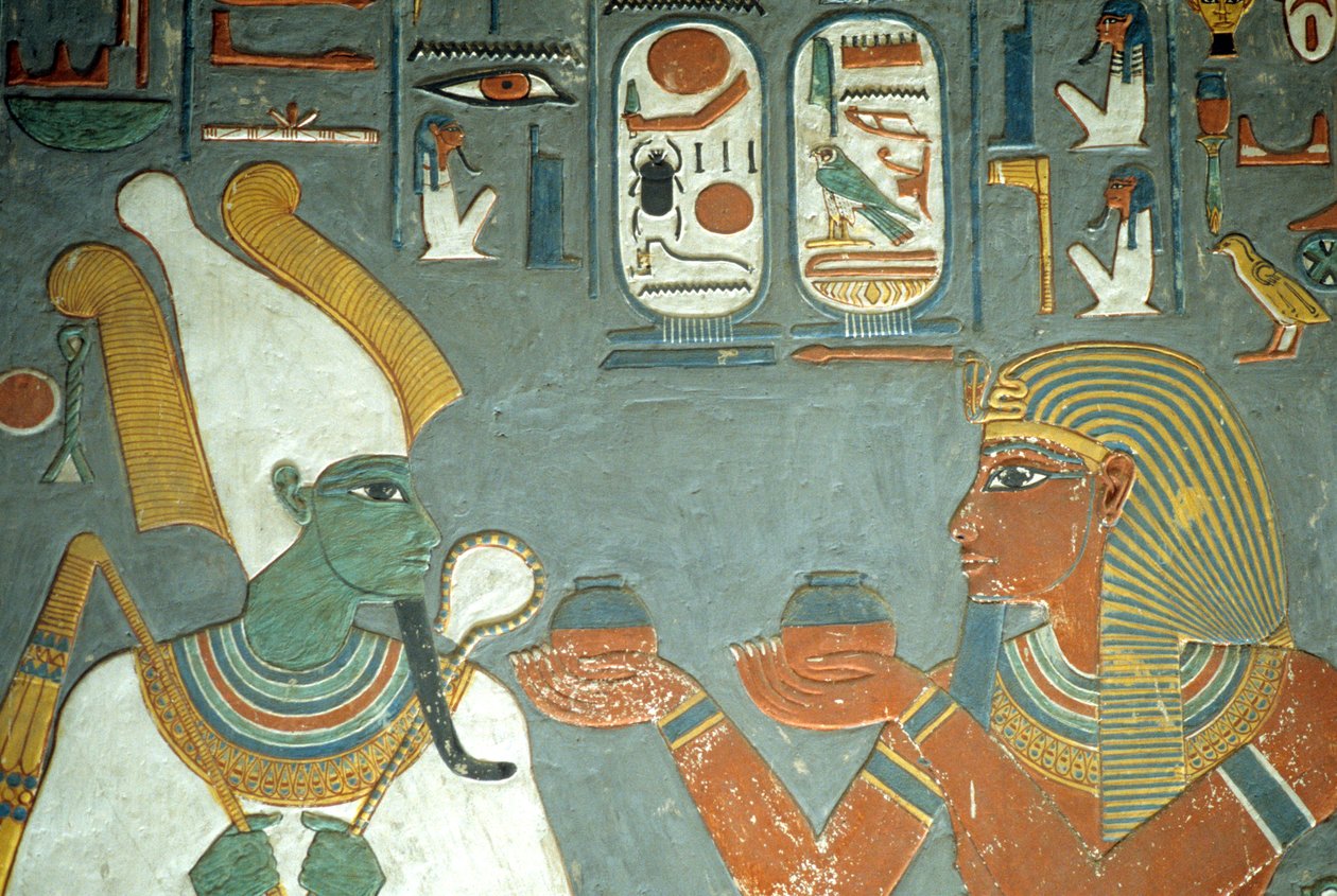 ókori Egyiptom, festmény, Horemheb kenőcsöket ajánl fel Ozirisznek, Horemheb sírja, Théba alkotó: School Egyptian