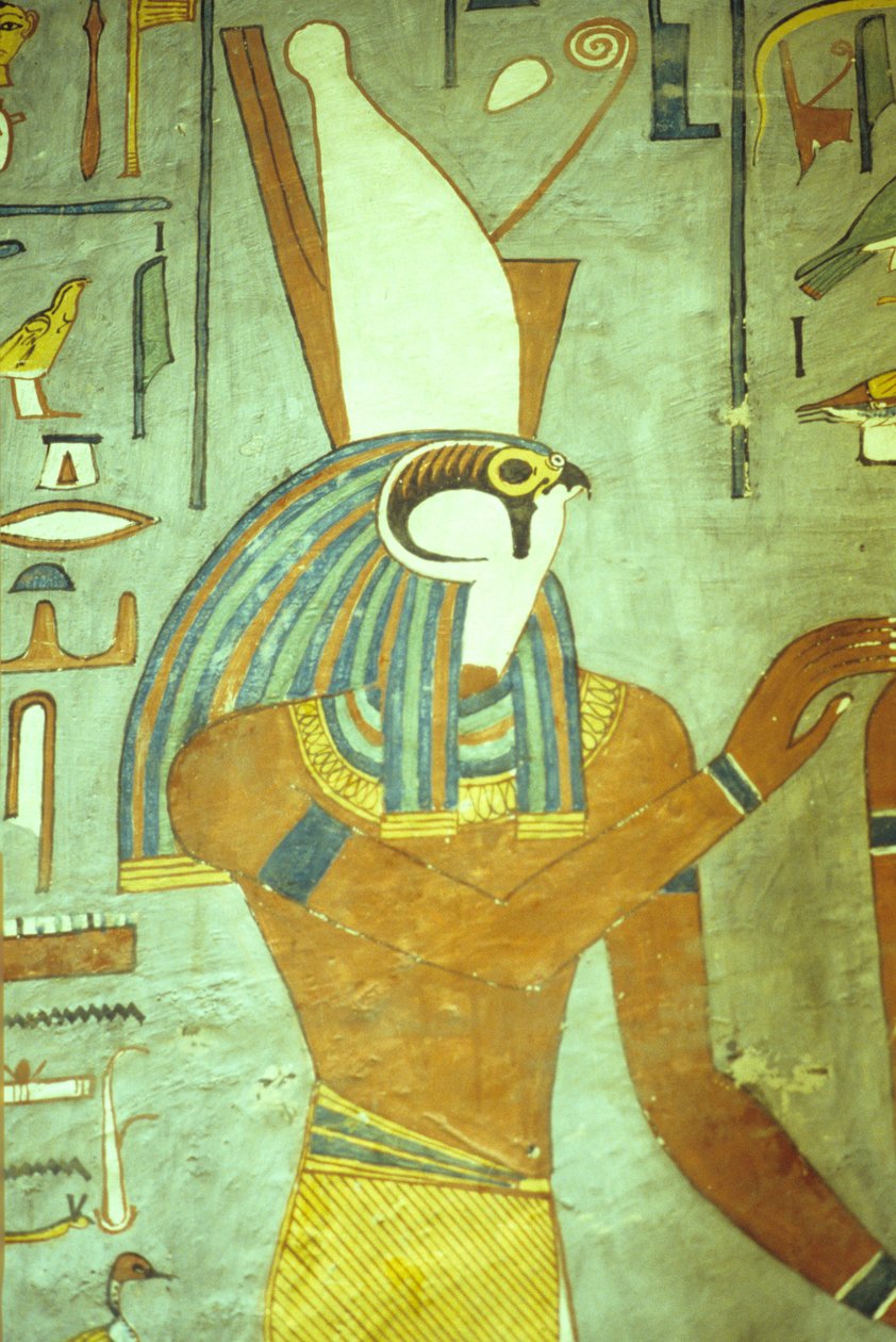Ókori Egyiptom, festmény, Hórusz, sólyomfejű isten, királyok istene, I. Ramszesz sírja, Théba, Théba alkotó: School Egyptian