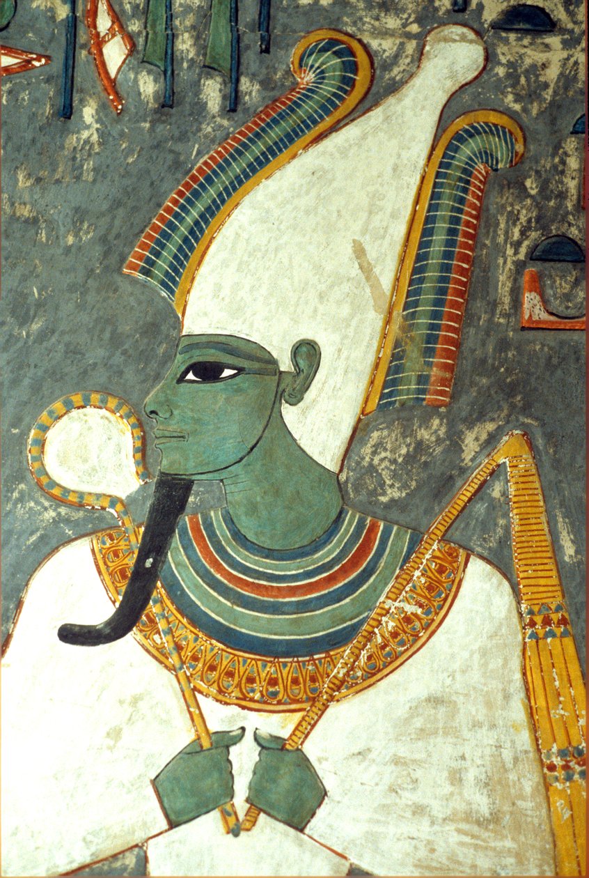 Ókori Egyiptom, festmény, Ozirisz, Horemheb sírja, Théba, a túlvilág, az alvilág és a halottak istene, zöldbőrű, fáraó szakállas, kétoldalt két nagy strucctollal díszített koronát visel, kezében jelképes bunkót és ostort tart (fotó). alkotó: School Egyptian