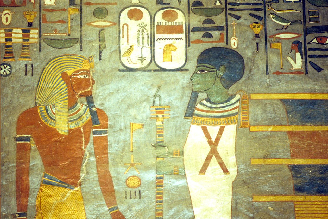 Ókori Egyiptom, festmény, I. Ramszesz Ptah előtt, aki mögött egy djed oszlop áll, I. Ramszesz sírja, Théba alkotó: School Egyptian