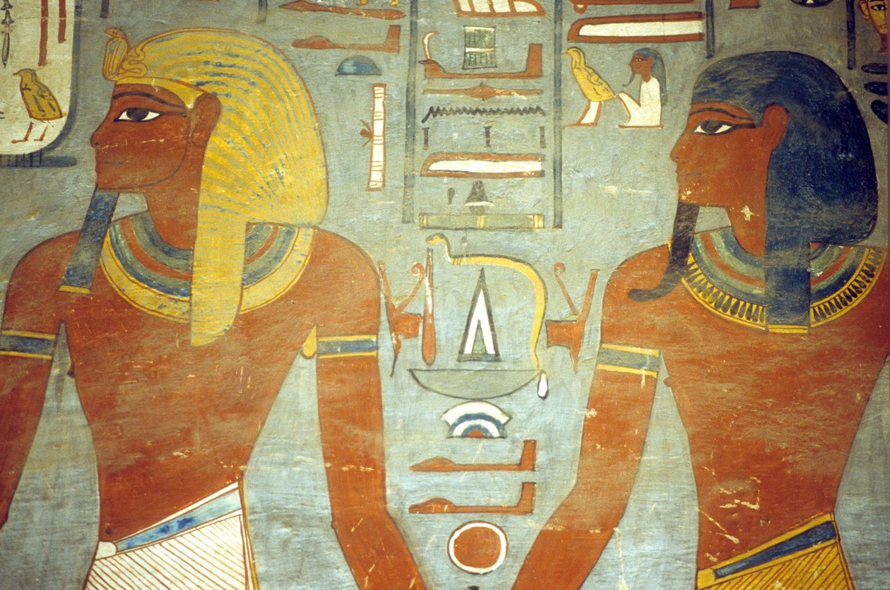 Ókori Egyiptom, festmény, I. Ramszesz sírja, I. Ramszesz Harsziészisz istennel alkotó: School Egyptian