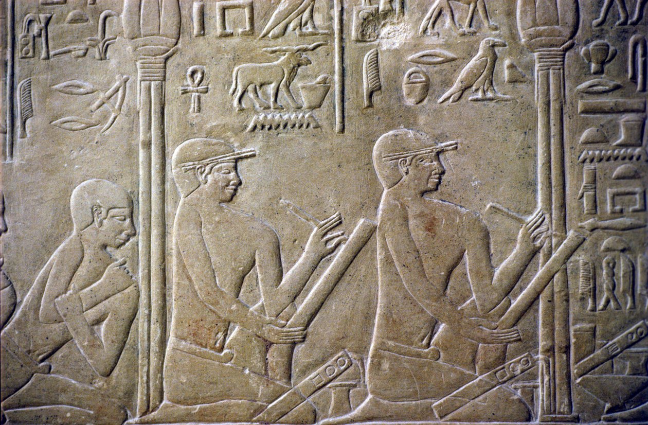 Ókori Egyiptom, Relief/Faragás, Merereuka sírja, Mastaba of Merereuka, 6. dinasztia, Szakkara, A falusi vének kénytelenek beismerni hibás adóbevallásukat a hivatalnokoknak (fotó) alkotó: School Egyptian
