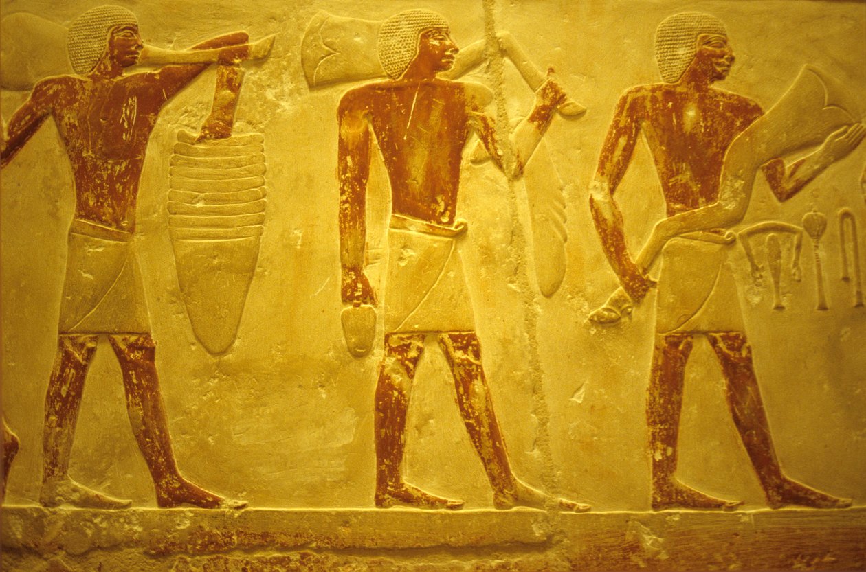Ókori Egyiptom, Falfaragás/festés, Mastaba/Idout sírja, Szakkara, Kr.e. 2323-2150, Hordozók felajánlásokkal (fotó) alkotó: School Egyptian