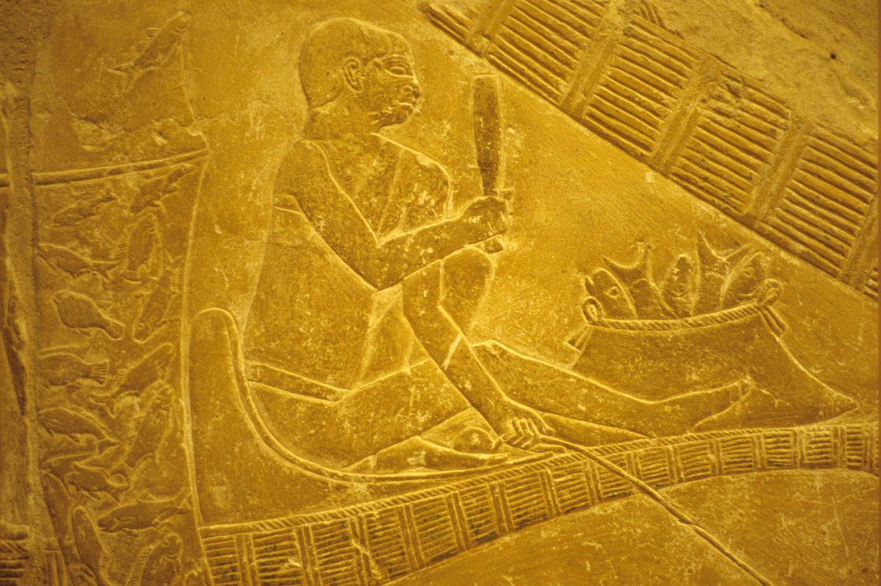 Ókori Egyiptom, Falfaragás/festés, Mastaba/Idout sírja, Saqqara, Halászok ülnek a halakat pikkelyes csónakokon, 6. dinasztia (fotó) alkotó: School Egyptian