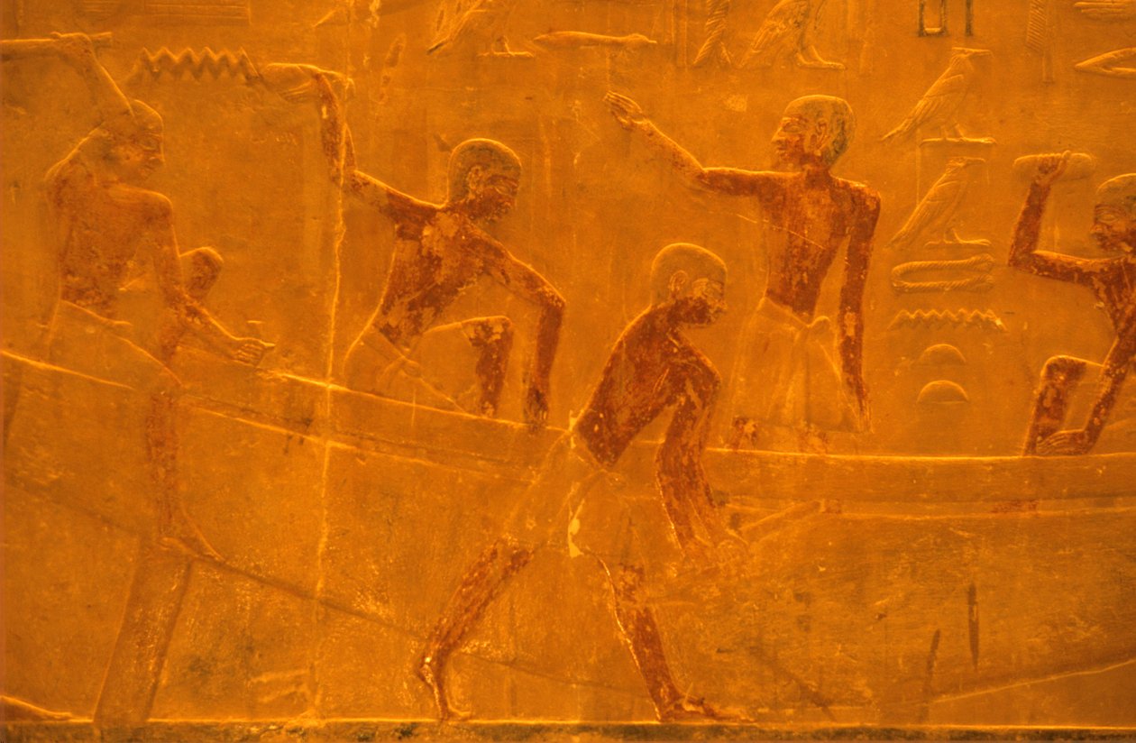 Ókori Egyiptom, Falfaragás/festészet, Mastaba/Ti sírja, Szakkara, 5. dinasztia, Hajóépítés (fénykép) alkotó: School Egyptian