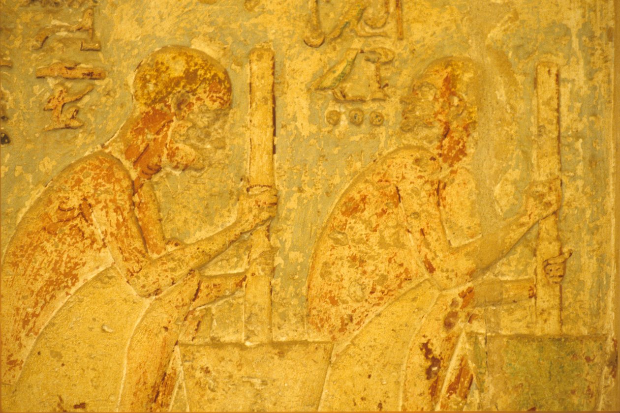 Ókori Egyiptom, falfestés, Petosiris sírja, Tuna el Gebel, Kr.e. 300, Munkások mozsárral és mozsárral dolgoznak (fotó) alkotó: School Egyptian