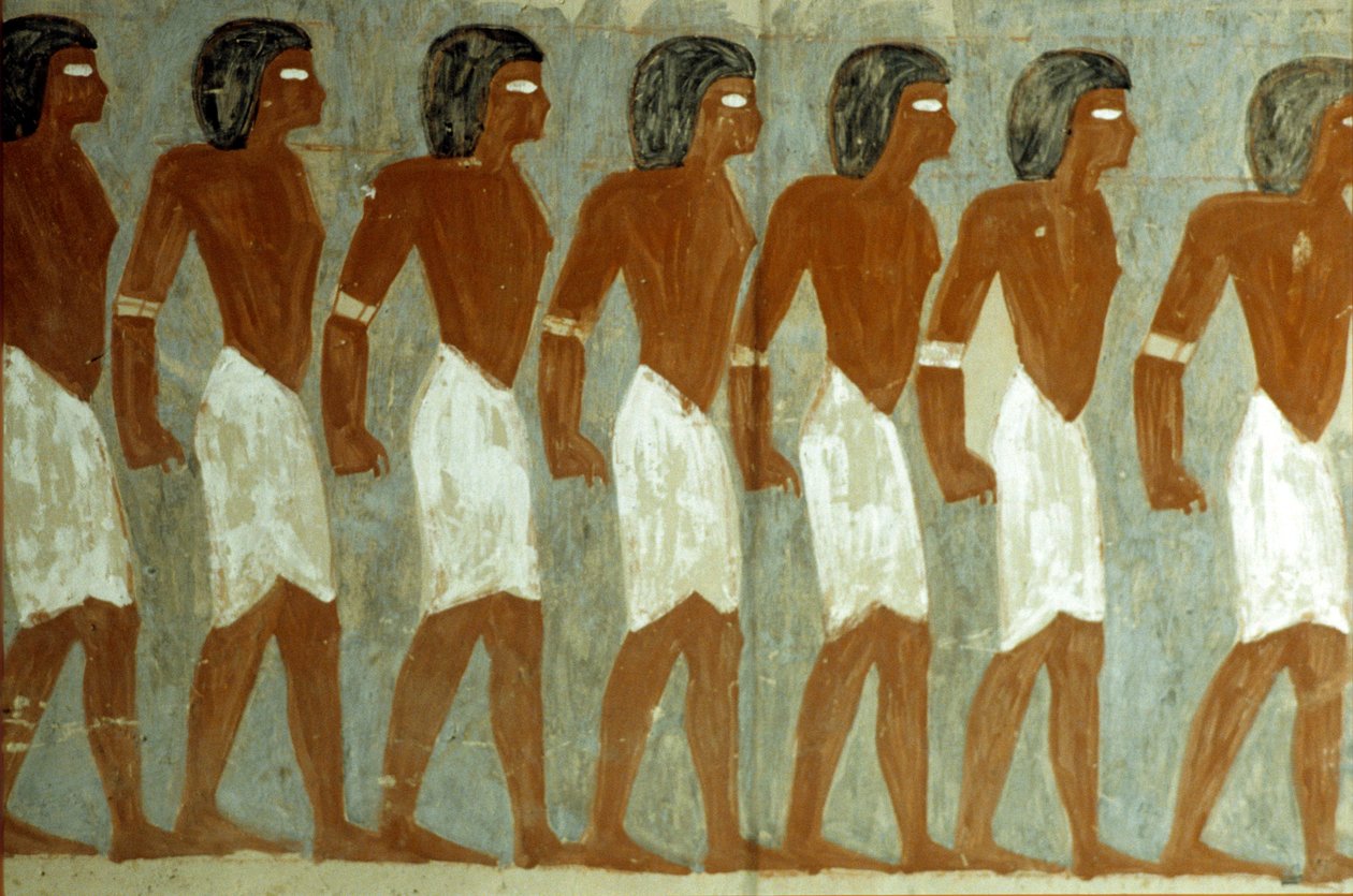 Ókori Egyiptom, falfestmény, Megkötözött foglyok, Festmény hiányos, Horemheb sírja alkotó: School Egyptian