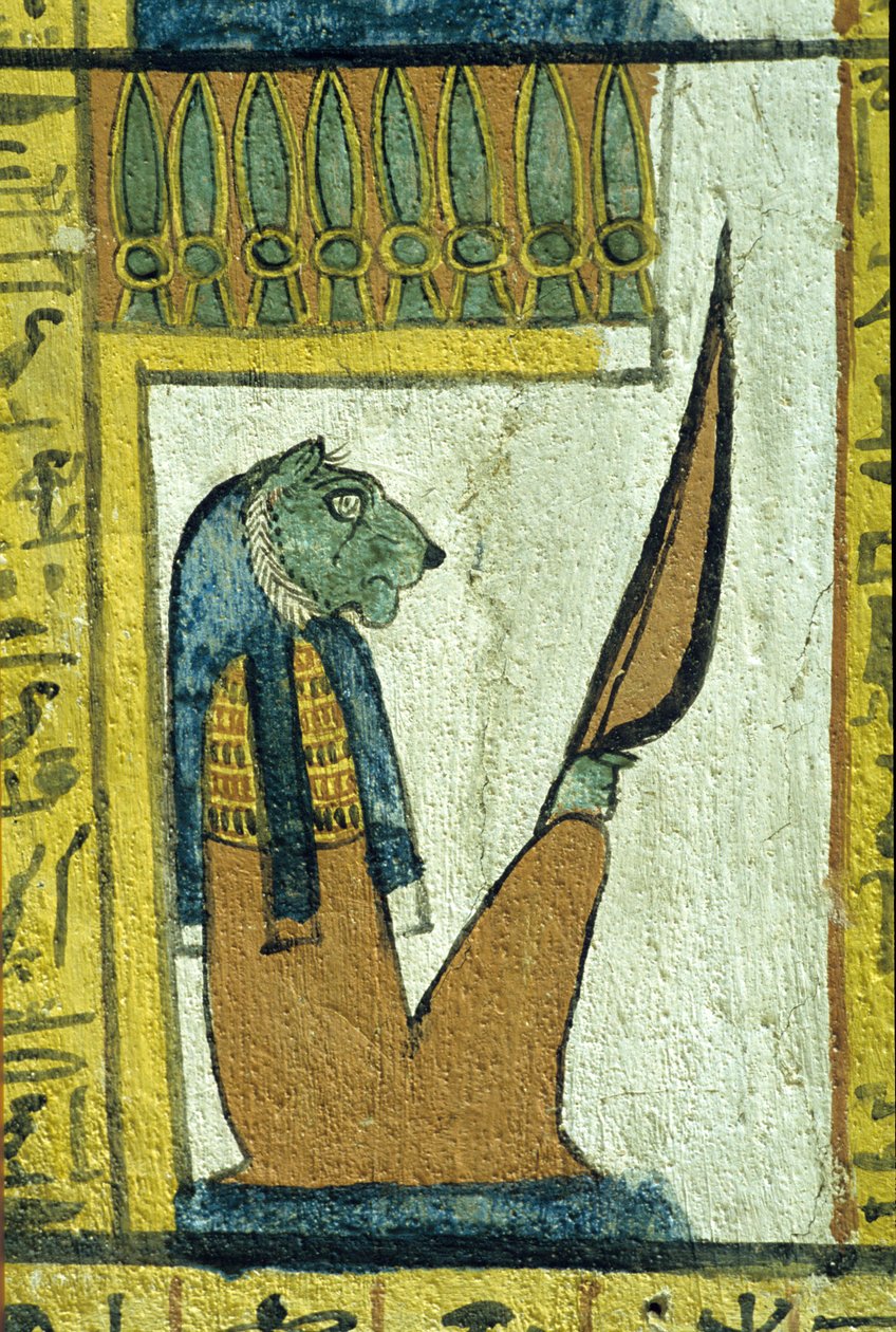 Ókori Egyiptom, Falfestmény, Oroszlánfejű alvilági isten, Szennedzsem sírja, Théba, Deir el Medina, Deir el Medina alkotó: School Egyptian
