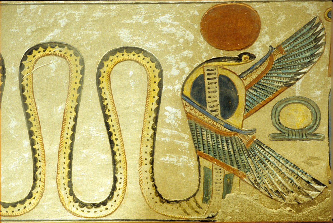 Ókori Egyiptom, falfestmény, Amon hir Khopshef sírja, Uraeus és szárnyas kígyók őrzik a sírkamra bejáratát, 20. dinasztia, Királynők Völgye (fotó) alkotó: School Egyptian