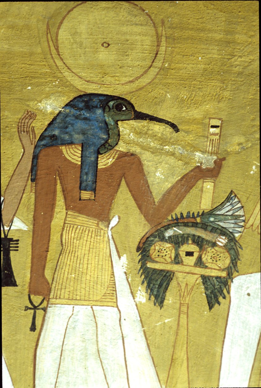 Ókori Egyiptom, falfestmény Inherkhau sírja, Théba, Thoth Isten bemutatja az elhunytat Ozirisznek, 20. dinasztia, Ibisz feje Isten holdkoronggal (fotó) alkotó: School Egyptian