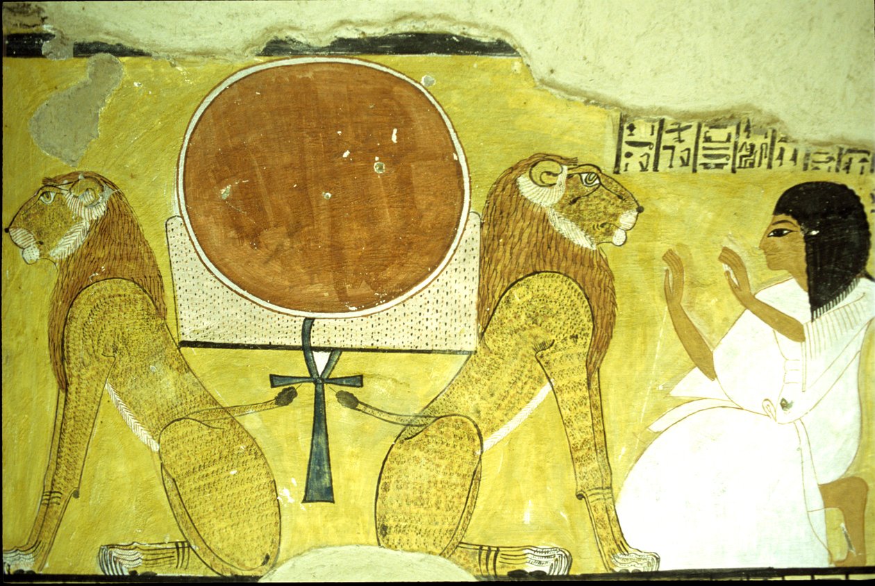Ókori Egyiptom, falfestmény Inherkhau sírja, Théba, két oroszlánt imádó Inherkhau, a ma és a holnap őrzői, 20. dinasztia (fotó) alkotó: School Egyptian