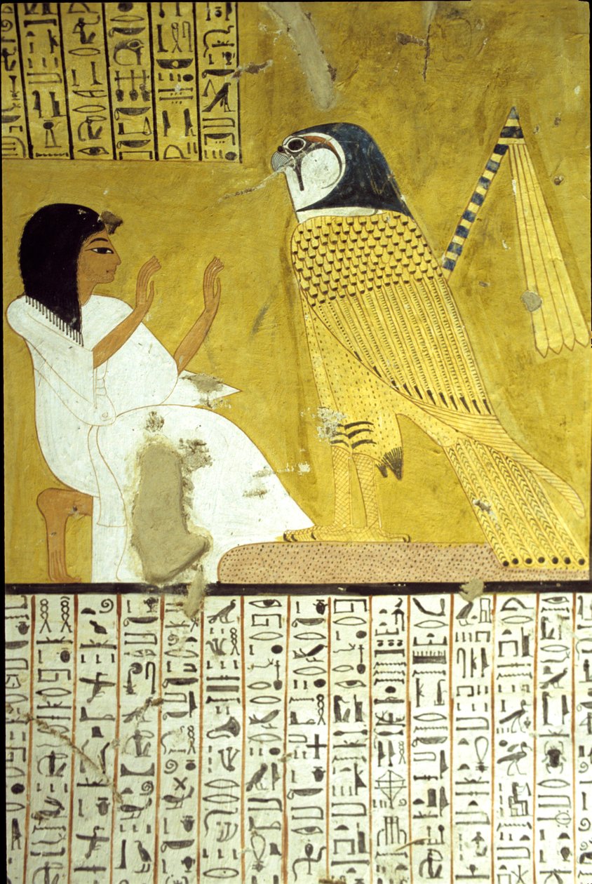 Ókori Egyiptom, falfestmény Inherkhau sírja, Théba, Nemesek sírja, 20. dinasztia, Inherhau imádja a Hórusz sólymot (fotó) alkotó: School Egyptian