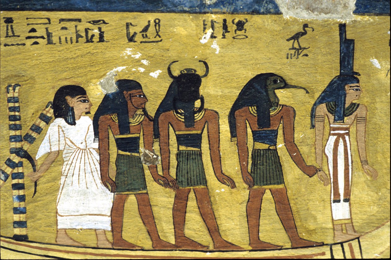 Ókori Egyiptom, falfestmény Inherkhau sírja, Théba, Nemesek sírja, 20. dinasztia, Inherkhau a napbarakkban Ízisz, Thot és Khephri társaságában (fotó) alkotó: School Egyptian