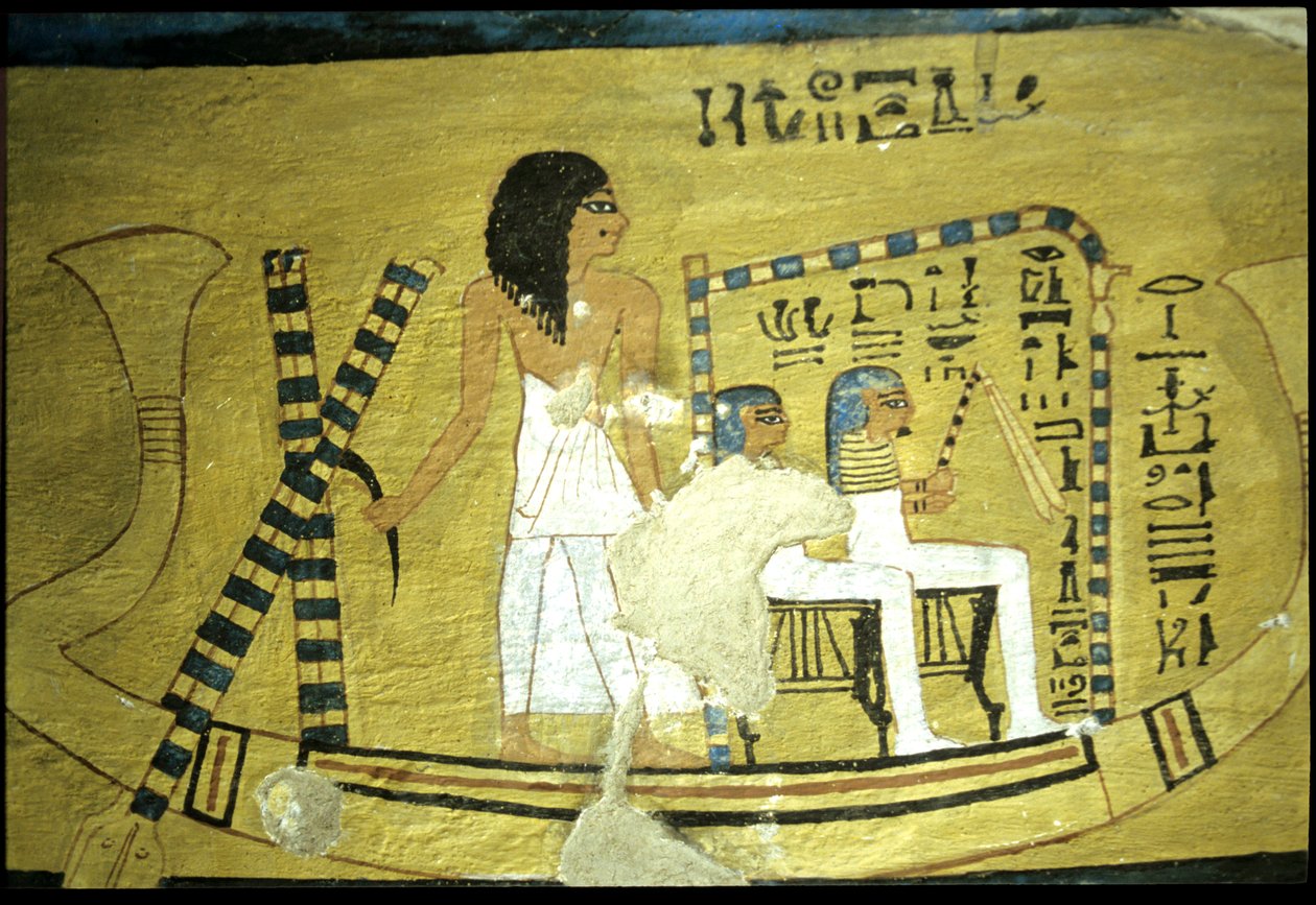 Ókori Egyiptom, falfestmény Inherkhau sírja, Théba, Nemesek sírja, 20. dinasztia, Inherkhau csónakot kormányoz, két isten ül egy szentélyben (fotó) alkotó: School Egyptian