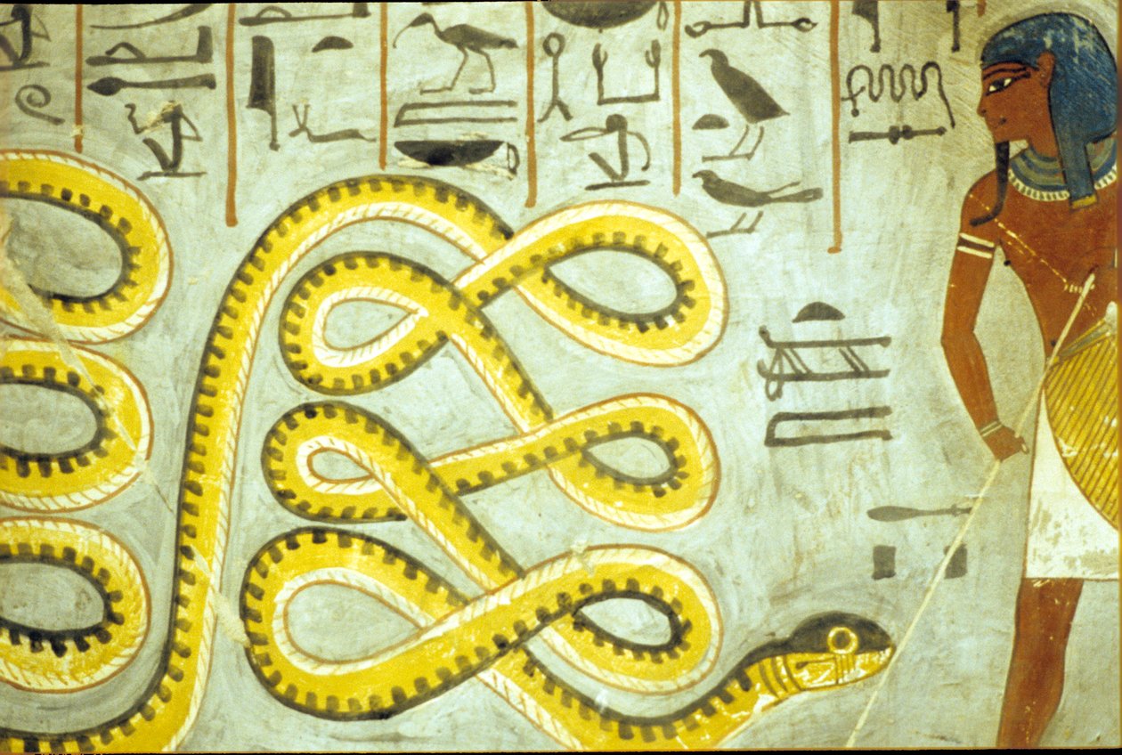 Ókori Egyiptom, falfestmény, I. Ramszesz sírja, Királyok völgye, I. Ramszesz megöli az alvilág kígyóistenét alkotó: School Egyptian